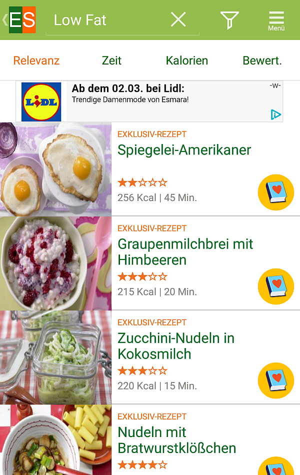In der Rubrik "Low fat" werden Rezepte aufgelistet, die der gewünschten Diät entsprechen. - © Screenshot NW