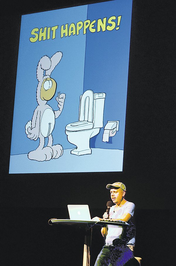 Shit happens: Ralph Ruthe lässt seiner Cartoonfigur ein Malheur auf dem stillen Örtchen widerfahren. Denn mit kaputtem Reißverschluss wird es schwierig für den Mann im Hasenkostüm. - © Dietmar Gröbing