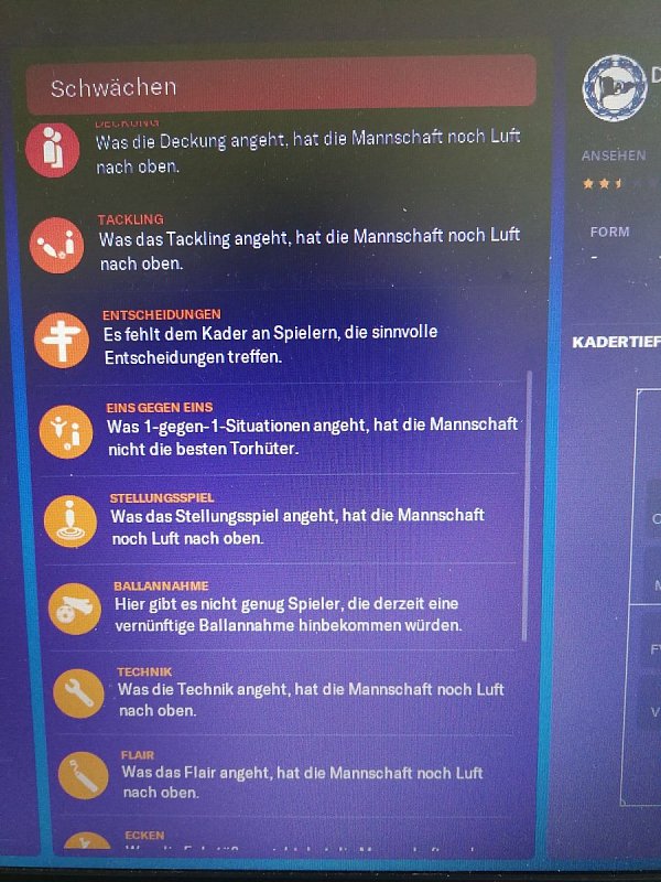 Schwachpunkte: Auch im "Football Manager 2019" hat der Kader von Arminia Bielefeld zum Spielstart laut Meldung des virtuellen Co-Trainers an fundamentalen Stellen Nachholbedarf. - © Screenshot: Jan Ahlers