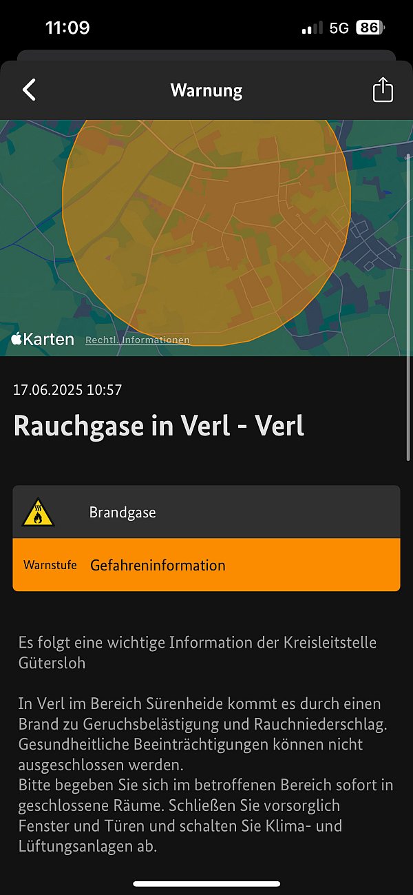Über die App Nina wurden Anwohner in Verl bereits gewarnt. Gesundheitsbeeinträchtigungen konnten demnach nicht ausgeschlossen werden. - © Screenshot/NINA