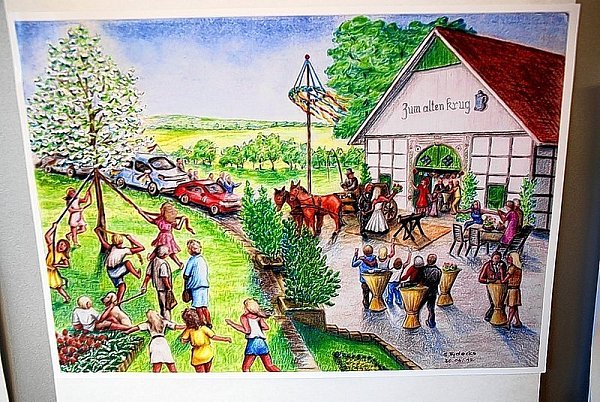 Eine Hochzeit zwischen heute und gestern ist auf diesem Kalenderbild zu sehen. Das Brautpaar kommt mit der Kutsche, die Gäste mit dem Auto und gefeiert wird im alten Krug. - © REPRO: RALF T. MISCHER