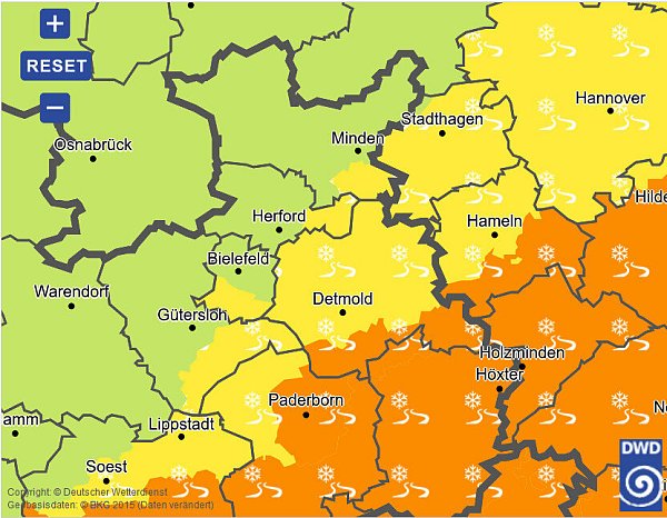 Glättewarnung des Deutschen Wetterdienstes - © Screenshot: Deutscher Wetterdienst (DWD)