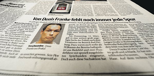 „Von Denis Franke fehlt noch immer jede Spur“: So titelte die Neue Westfälische Höxter am 15. März 2008. Diese Überschrift gilt auch heute noch. - © Simone Flörke