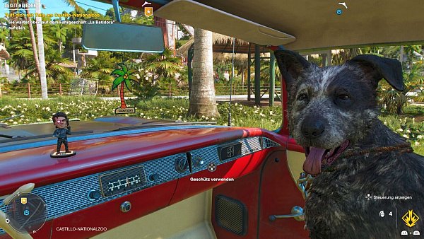 Unser tierischer Freund "Boomer" aus "Far Cry 5" ist zurück, heißt jetzt aber "Boom Boom". Bitte werfen Sie auch einen Blick auf den blinden Rückspiegel und die sonstigen Gimmicks im Wageninneren. - © Ubisoft