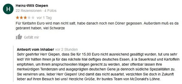 Der Screenshot zeigt den Kommentar des Nutzers Heinz-Willi Giepen und die Reaktion der Filiale darauf. - © Screenshot Google