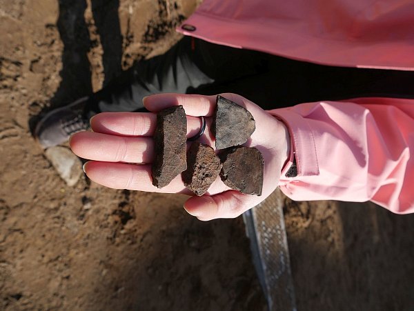 Diese Scherben fanden die Archäologen im dunklen Gartenboden: die ältesten Nachweise für Besiedlung Schloss Neuhauses. - © T. Lodemann/EggensteinExca