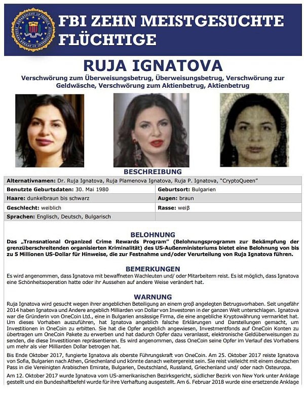 Ruja Ignatova gehört zu den zehn meistgesuchten Verdächtigen des FBI. - © Screenshot: FBI