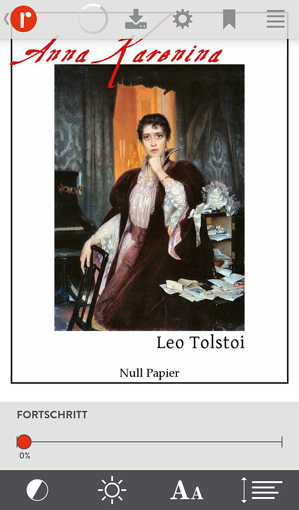 Ein Klassiker: "Anna Karenina" von Leo Tolstoi. Unten in der Leiste kann jeder Leser individuell anpassen, wie groß die Schrift und wie hell das Display sein soll. - © Screenshot