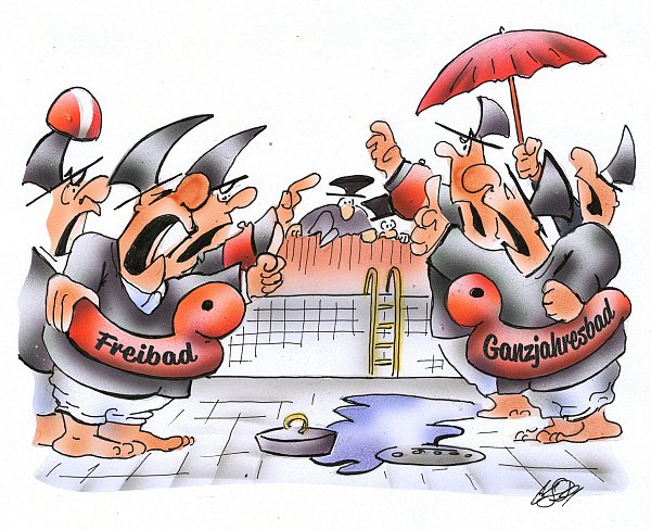 Kämpfen um die Lösung: Zwei verhärtete Fronten – die Verfechter des Freibades und die Anhänger des Ganzjahresbades. Ob der scheinbar nicht enden wollende Kampf nun ein Ende findet, bleibt abzuwarten. karikatur: Heinrich Schwarze-Blanke - © Heinrich Schwarz-Blanke