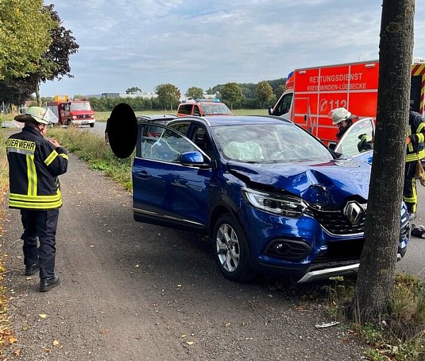 Der Renault kam nach rechts von der Fahrbahn ab und prallte frontal gegen einen Baum. - © Polizei Minden-Lübbecke