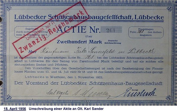 20 Reichsmark: Eine Aktie der Schützenhaus-Baugesellschaft ?aus dem Jahr 1922. - © Bürgerschützen/Heinrich Esdar