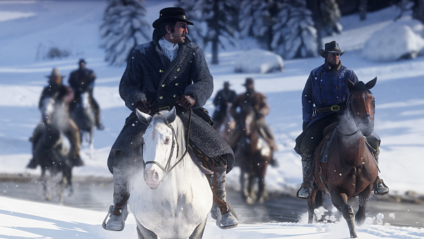 Zu Spielbeginn in die eisigen Berge geflohen: Die van der Linde-Gang mit Anführer und Namensgeber Dutch. - © Rockstar Games