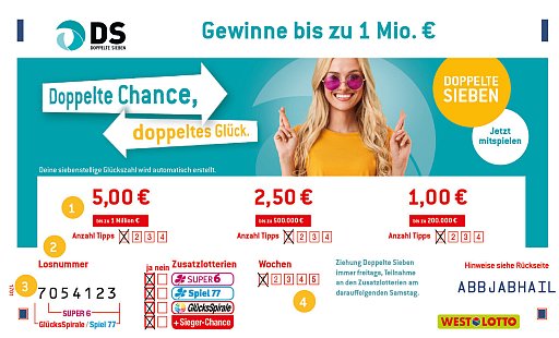 Bei der Doppelten Sieben kann die eigene siebenstellige Glückszahl von beiden Seiten mit der gezogenen Gewinnzahl übereinstimmen. Die Treffer werden von vorn und hinten addiert und ergeben dann die Gewinnklasse. - © WestLotto