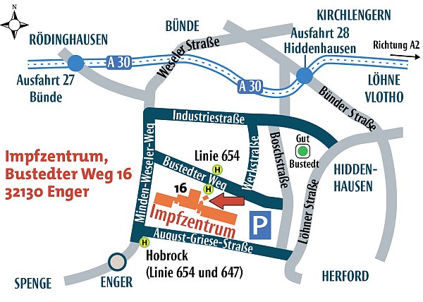 Hier liegt das Impfzentrum des Kreises Herford. Mit öffentlichen Verkehrsmitteln ist es von Löhne aus ganz schön weit weg. - © Grafik: Jürgen Schultheiß, Skizze: Kreis Herford