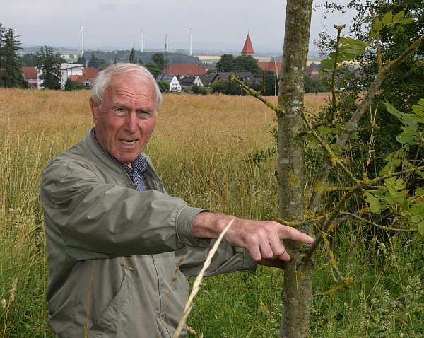 Untertunnelt: Heimtathistoriker Werner Höltke steht auf dem Tunnelsystem und zeigt auf den völlig zugewachsenen Stolleneingang auf dem Uphof. Im Hintergrund die Helpuper Kirche. - © Horst Biere