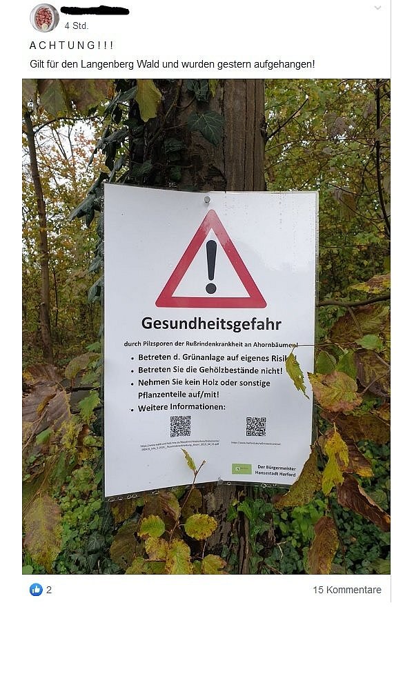In einem Facebook-Post weist eine Anwohnerin auf der Warnschilder der Stadt hin. - © Screenshot Facebook