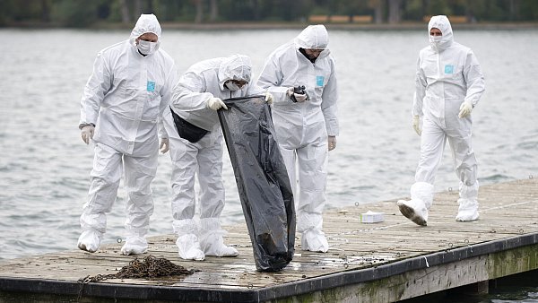 Polizisten suchen den Maschsees in Hannover (Niedersachsen) nach mehr Leichenteilen ab. - © picture alliance / dpa