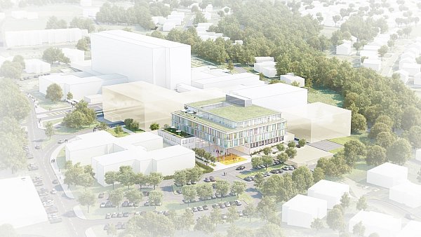 Zukunftsfähig: Im Südwesten des Klinikum-Komplexes an der Herforder Schwarzenmoorstraße soll die neue Kinder-Klinik entsthehen. Der Haupt-Eingang wird ganz in Nähe des bisherigen Eingangs sein. Illustration: Klinikum Herford - © Peter Steinert