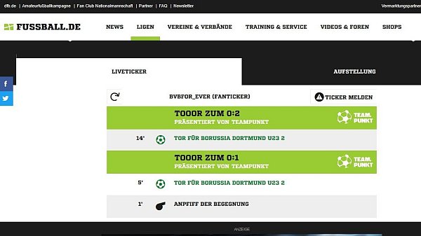 Ein vorwitziger Fan hatte die Partie mit eindeutiger Sieger-Tendenz schon am Vormittag eröffnet. - © Screenshot: fussball.de