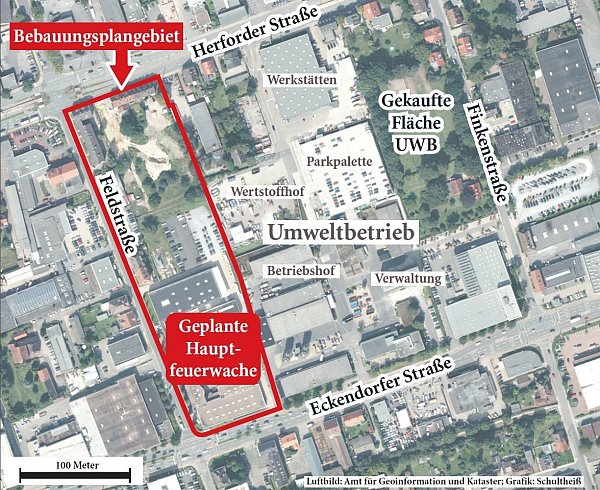 Die neue Hauptfeuerwache soll an der Ecke Eckendorfer/Feldstraße gebaut werden – neben dem städtischen Umweltbetrieb, mit dem es Synergieeffekte etwa über Werkstätten geben soll. Die Kostenberechnung sorgt derzeit für Aufregung. Foto: Stadt/Schultheß - © Stadt/Schultheß