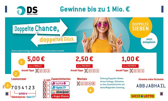 Bei der Doppelten Sieben kann die eigene siebenstellige Glückszahl von beiden Seiten mit der gezogenen Gewinnzahl übereinstimmen. Die Treffer werden von vorn und hinten addiert und ergeben dann die Gewinnklasse. - © WestLotto