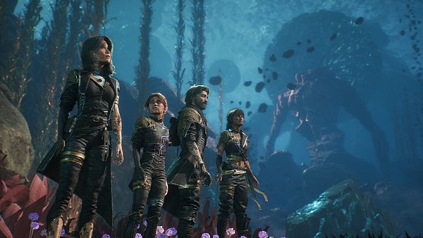 Unser Expeditionsteam – hier Lune, Maelle, Gustave und Sciel, wird gleich nach der Landung ordentlich in die Mangel genommen – und verändert sich im Laufe des Spiels noch. - © Sandfall Interactive/Kepler Interactive