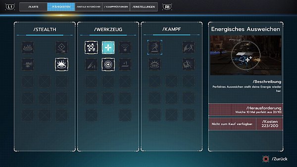 Das Upgrade-System funktioniert nur über das Bestehen von Herausforderungen. Einige sind im Spielverlauf einfach zu erreichen, das perfekte Ausweichen dagegen stellte uns zunächst vor Probleme. - © ESDigital Games