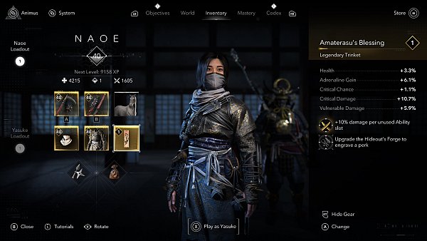 Naoe im Inventarbildschirm von Assassin’s Creed: Shadows – es ist empfehlenswert, immer die besten Ausrüstungsgegenstände zu nutzen. - © Ubisoft