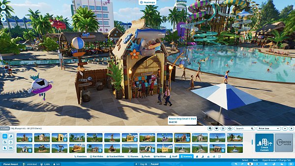 Damit keiner hungrig bleibt, brauchen die Parkbesucher auch Essen und Trinken. Für jeden ist was dabei, sogar vegetarische und vegane Optionen sind verkaufbar. - © Frontier Developments