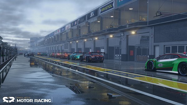 Die regenverhangene Boxengasse: „Project Motor Racing“ simuliert realistische Rennatmosphäre selbst bei schlechtem Wetter. - © Straight4 Studios