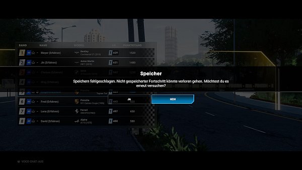 Da haben wir gerade den fünften Platz in einem Rennen ergattert, da sagt uns das Spiel: Ach. Mensch, sorry, aber leider, leider konnte das jetzt mal eben nicht gespeichert werden. Klicken wir hier auf "ja", verschwindet der Hinweis meist. Wir können dann nur hoffen, dass wirklich gespeichert wurde, sicher sind wir uns nie. - © Nacon