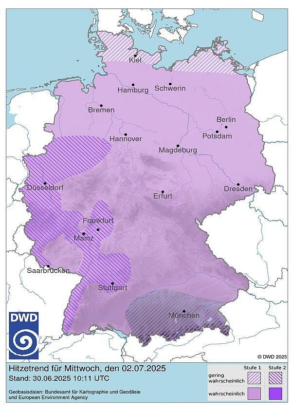 Die Grafik des DWD zeigt eine mögliche Hitzewarnung der Stufe 2 für Bielefeld am Mittwoch. - © Screenshot: DWD/imü