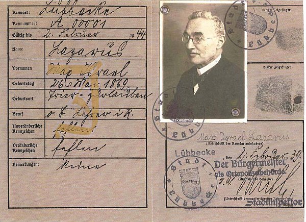Abscheuliches Dokument der

Zeitgeschichte: Aus dem Kantor, Lehrer, Prediger und Leiter des Volkschors Gehlenbeck, der einst, wohl aus Heimatliebe, ein Lied namens "Mein Lübbecke, o sei gegrüßt" komponiert hatte, wird per Kennkarte vom 2. Februar 1939 eine Nummer - A00001. Das eingedruckte "J" macht ihn als Juden kenntlich. - © Stadtarchiv Lübbecke