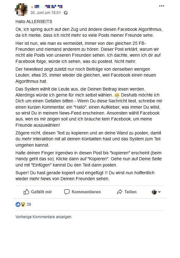 Dieser Kettenbrief verbreitet sich bereits seit Anfang 2018. - © Screenshot: facebook.com