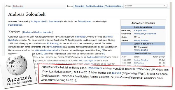 Vorsicht: Auch Wikipedia birgt Tücken. In der Online-Enzyklopädie wird Verls Trainer Andreas Golombek als Arminen-Coach vorgestellt. - © Jens Ostrowski