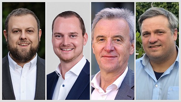 Alexander Senn (v.l., FDP), Sascha Pöppe (FDP), Johannes Lackmann (Volt) und Jan Lackmann (FBI) bilden eine neue Fraktion im Paderborner Stadtrat. - © Thorsten Hennig, Volt, FBI