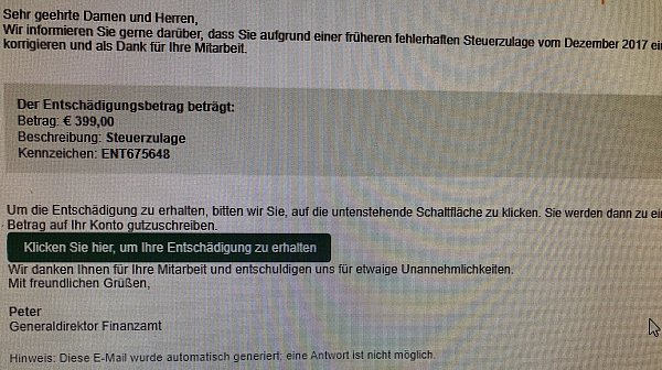 Auf keinen Fall den Link anklicken: Die Betrüger wollen, wie in der kriminellen Mail zu sehen, so an die Kontodaten ihrer Opfer kommen. Am besten ist es, die Mail sofort zu löschen. - © Jobst Lüdeking