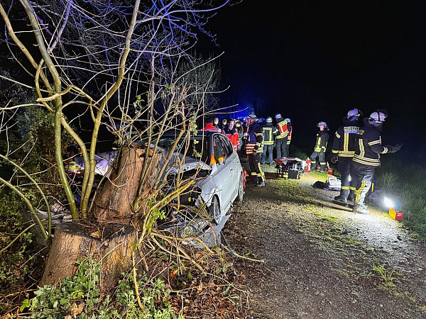 Der Hyundai fuhr in Porta Westfalica in einen Baum. - © Feuerwehr Porta