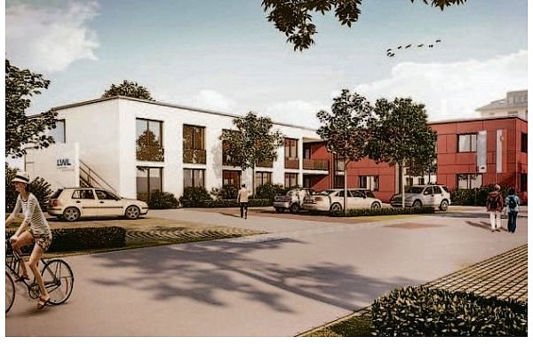 In unmittelbarer Nähe der neuen Ärztehäuser (hinten r.) an der Dreckburg und des Salzkottener Krankenhauses errichtet der Landschaftsverband Westfalen-Lippe eine psychatrische Tagesklinik mit Institutsambulanz. - © REPRO: NW/LWL