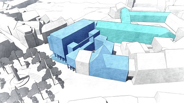 Das Modell zeigt den geplanten Stadthaus-Neubau (blau eingefärbt) sowie die Gebäudeteile A und B, die im Rahmen des Projekts saniert werden (hellblau eingefärbt). - © Stadt Paderborn