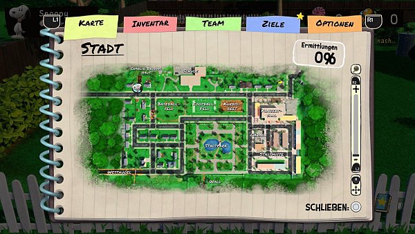 Die Stadt-Karte von Snoopy & The Great Mystery Club zeigt die liebevoll gestaltete Peanuts-Welt. - © Cradle Games