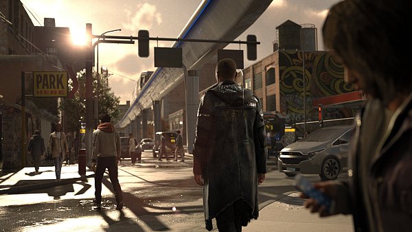 In der Stadt der Zukunft: Eine Szene aus „Detroit: Become Human“ zeigt die Verschmelzung von Mensch und Technologie. - © Quantic Dream