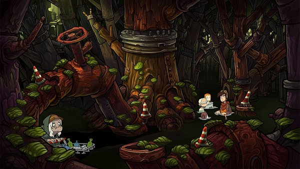 In "Goodbye Deponia" ist Rufus zeitweilen mit drei Kindern unterwegs. Die darf er leider weder mit in die Kneipe nehmen, noch alleine lassen. - © Daedalic Entertainment