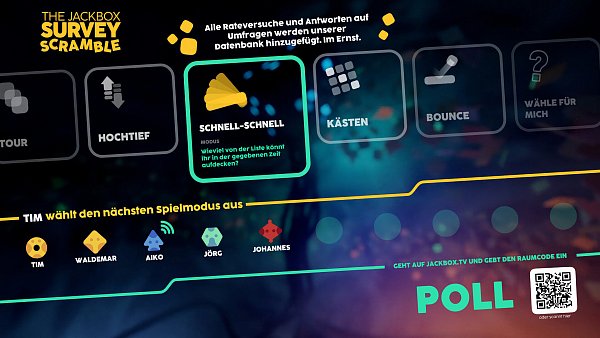 The Jackbox Survey Scramble: Hier sieht man die Auswahl an Spielmodi, die uns zur Verfügung stehen. - © Jackbox Games