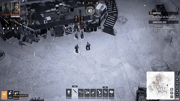 Im Befehlsmodus pausiert das Spiel. Das gibt uns die Möglichkeit, unterschiedliche Befehle an die Commandos auszugeben, die dann parallel ausgeführt werden. Hier befehlen wir Pionier und Green Beret, zwei Gegner gleichzeitig zu neutralisieren. - © Kalypso Media