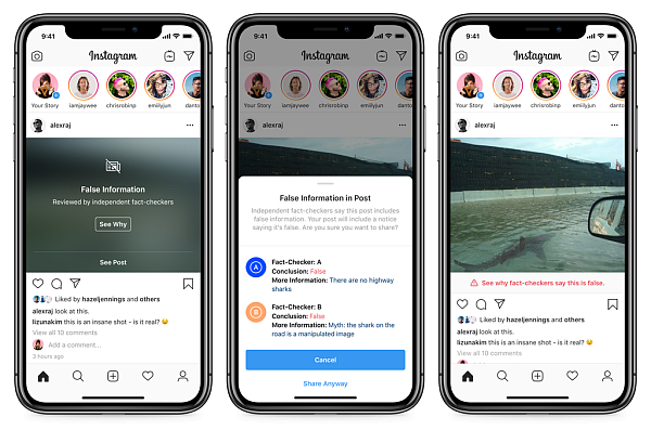 Gegen Fake News: Instagram wird Hinweise von Fakten-Prüfern anzeigen, wenn Inhalte Tatsachen teils falsch darstellen oder jeglichen Fakten entbehren. - © Instagram