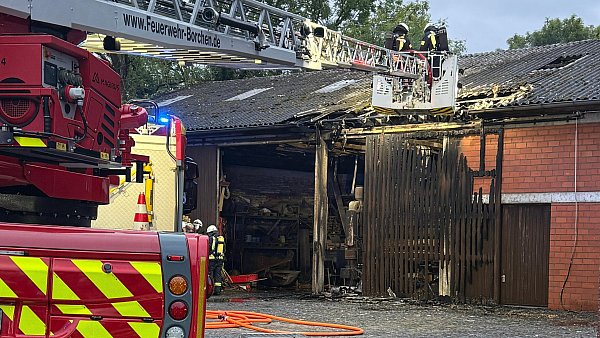 Die Scheune, die auch als Werkstatt genutzt wurde, ist ausgebrannt. Nach zwei Stunden kann die Feuerwehr den Einsatz beenden. - © Freiwillige Feuerwehr Borchen