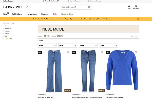 Seit März 2025 ist der Online-Shop von Gerry Weber nicht erreichbar, angeblich aus technischen Gründen. Ob der jemals wieder öffnet, lässt sich heute noch nicht sagen. - © Screenshot: Nicole Donath