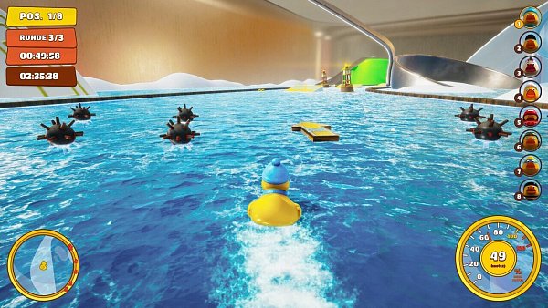 Wir sind auf Platz 1 und katapultieren uns mit Glück über den Turbopfeil im Wasser noch weiter nach vorne. Oder zerstören uns den Sieg, wenn wir in das Minenfeld geraten. - © Joindots