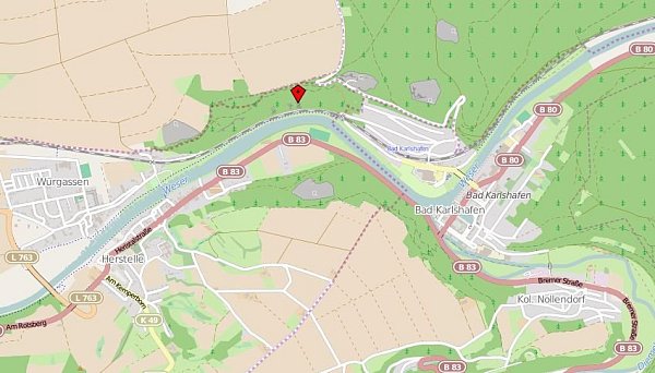 Auf dieser Karte ist mit dem roten Symbol der Standort des Weser-Skywalks markiert. - © Openstreetmap/Amélie Förster